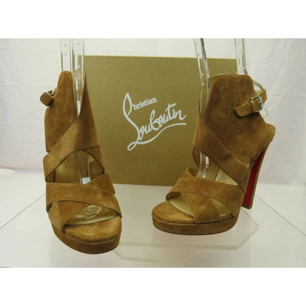 NIB LOUBOUTIN APRON LILI 120 BROWN SUEDE CRISSCROSS PLATFORM PUMPS 40.5 ITALY - Picture 7 of 12